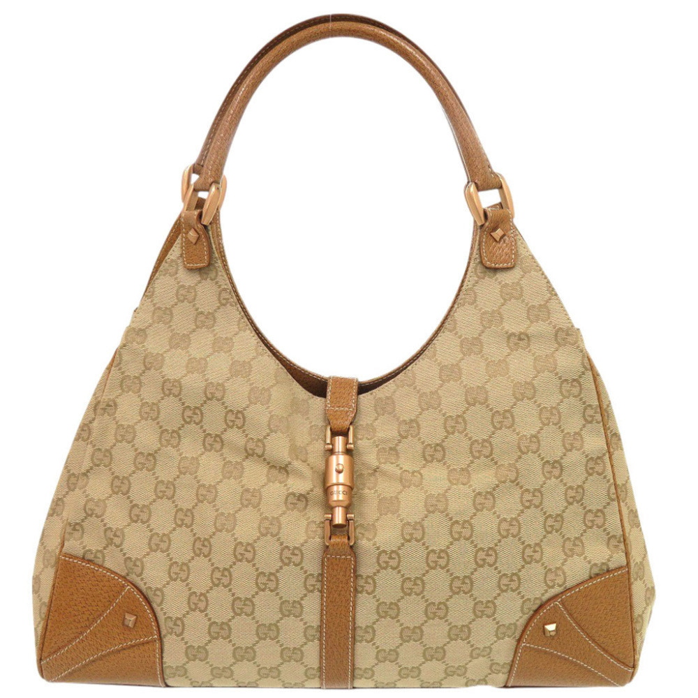 Gucci New Jackie 124404 GG Canvas Leather Beige Camel Shoulder Bag 1223GUCCI